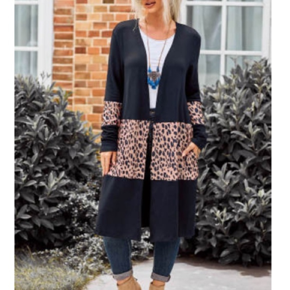 Black Colorblock Leopard Cardigan - Picture 2 of 4